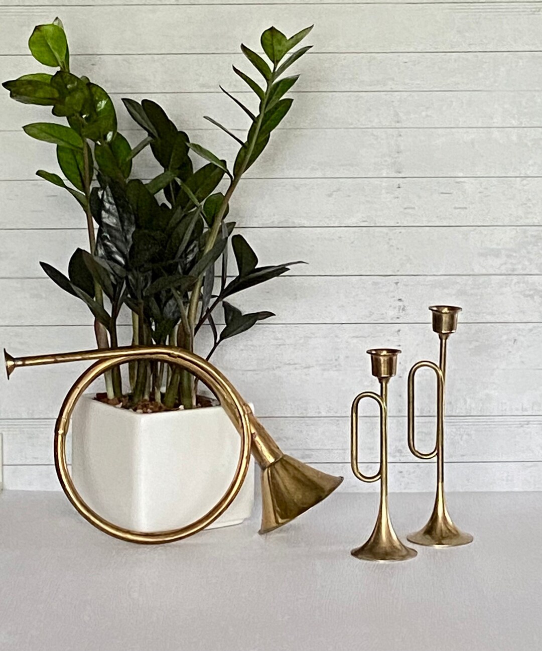 Brass Mid Century Brass Horn Candle Holder Music Candlesticks 2 Trumpet