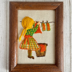 Vintage Crewel Embroidery Girls Framed Art Girls Wall Hanging Frame is 6.5” x 8.5”