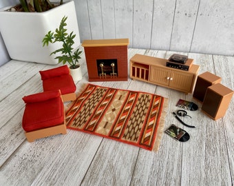 Vintage Dollhouse Furniture Miniature TV Stand Vinyl Records Stereo Speakers Headphones Rug Plant Fireplace