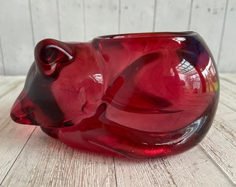 Vintage Cat Votive Candle Holder Red Cranberry Indiana Glass Sleeping Kitten