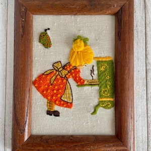 Vintage Crewel Embroidery Girls Framed Art Girls Wall Hanging