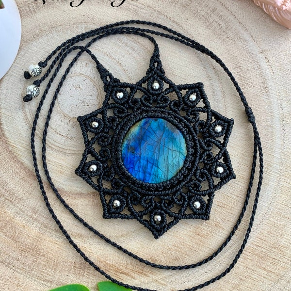 Collier mandala noir pierre naturelle labradorite bleue - collier style boho bohème