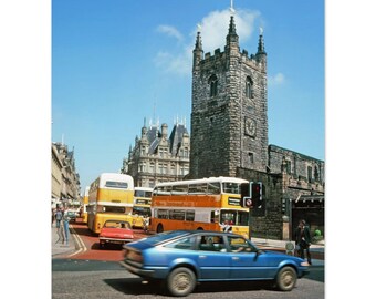 Photo Print 1980s Newcastle upon Tyne, St John the Baptist Church, Yellow Double Decker Buses & Vintage Cars, England Wall Art Decor Poster