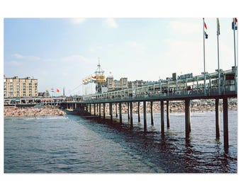 Photo Print 1960s Scheveningen Pier The Hague Netherlands, Van Nelle Sign, Crowded North Sea Beach, Vintage Dutch Travel Sixties Poster
