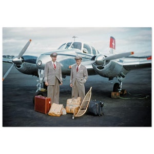 Photo Print 1950s Beechcraft Model 50 Twin Bonanza Swiss Air, Two Pilots Vintage Wall Art Home Office Decor Early Aviation Poster Pilot Gift