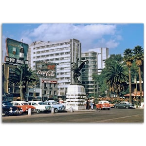 Photo Print 1950s Mexico City with the Statue of Pegasus, Old Cars and Beverage Ads, Fifties Vintage Wall Art Poster Home Office Decor Gift