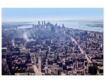 Photo Print 1950s New York City Skyline, Lower Manhattan and New York Harbor, Statue of Liberty, Vintage NYC Aerial View Poster