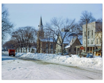 Fotografía impresa de una escena callejera invernal de Granville, Ohio, en la década de 1940, con el letrero de neón de Aladdin Fine Food, estilo americano de pueblo pequeño, póster de decoración de los años cuarenta.