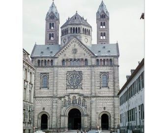 Photo Print 1950 Speyer Germany, Speyer Cathedral Street Scene, Vintage Volkswagen Beetle, German Heritage Wall Art Fifties Decor Poster