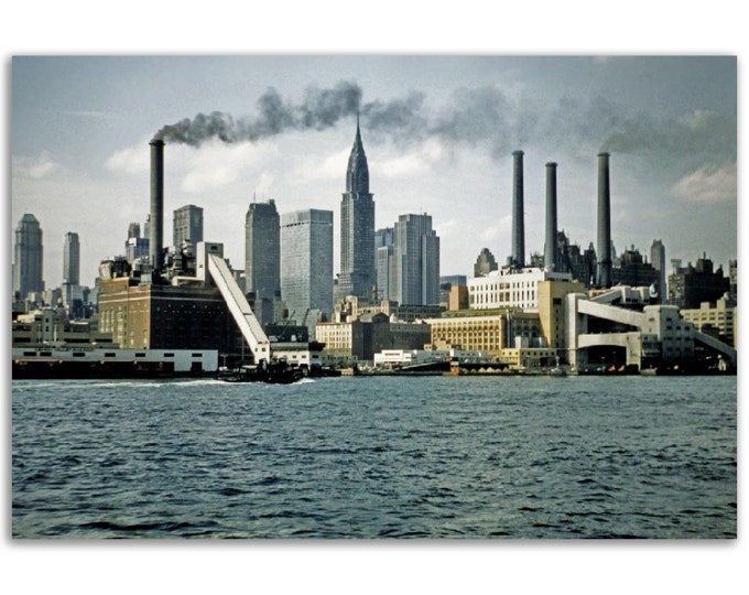 Poster Print 1950s Manhattan Cityscape with Smokestacks, New York City Skyline, NYC, Vintage Wall Art Photograph Unique Gift Idea