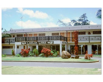 Impresión fotográfica de los años 60, Laniloa Lodge, Hilo, Hawái, Hotel isleño perdido de mediados de siglo en la Isla Grande, Póster decorativo vintage para pared y vacaciones.