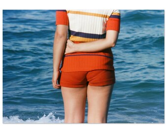 Photo Print 1960s Retro Beach Fashion, Vintage Summer Ocean Striped Clothing Scene, Coastal Wall Art Sixties Decor Poster