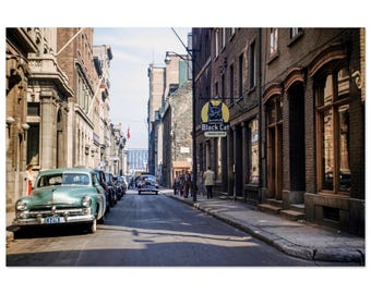 Photo Print 1950s Montreal Old Port Street Scene, Black Cat Cigarettes, Vintage Quebec Canada Downtown Architecture, Wall Art Decor Poster