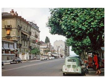 Photo Print 1950s Geneva Switzerland Street View with Hôtel Beau-Rivage, Vintage Wall Art Fifties Swiss Heritage Decor Poster