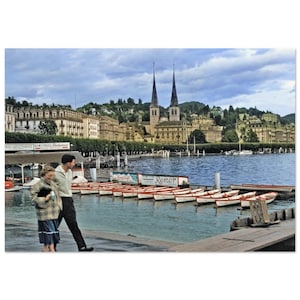 Impression photo des années 1950 Lucerne, Suisse, vue sur le lac de l&#39;église catholique Saint-Leodegar, décoration murale vintage, affiche d&#39;art, idée cadeau