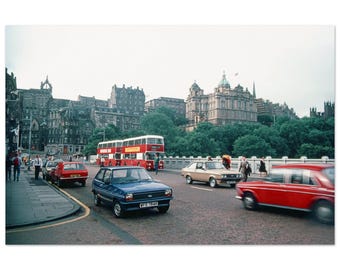 Photo Print 1980s Edinburgh Scotland, North Bridge Street Scene, Double Decker Buses & Vintage Cars, Old Town Wall Art Decor Poster