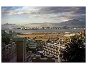 Fotografía impresa de Hong Kong de la década de 1950, península de Kowloon, vista hacia el sur, puerto Victoria, aeropuerto Kai Tak, póster decorativo vintage de Hong Kong de los años cincuenta.