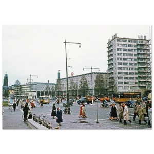 Stampa fotografica anni '50 Rotterdam, Paesi Bassi, edificio HBU, segnaletica per Gouda, Utrecht, tram 17 Merkes, poster vintage da parete, Hollandsche Bank