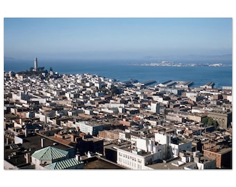 Impresión fotográfica de la década de 1950: horizonte de San Francisco, California, Torre Coit, muelles del Embarcadero, paseo marítimo vintage del aeropuerto de San Francisco (SFO), póster decorativo de los años cincuenta para pared.