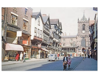 Photo Print 1950s Chester England, Chester Cross St Peter’s Church Marston Cycles, Vintage Street Scene, Cyclists Wall Art Decor Poster