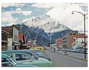 Photo Print 1950s Canada Banff Avenue Alberta with Parked Cars, Vintage Wall Art Decor Poster Photograph Fifties Canadian Travel Destination