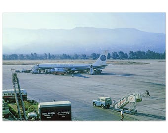 Photo Print 1960s Beirut Lebanon Pan Am Boeing 707 N764PA Airport Dawn, Hotel Bristol Truck, Middle East Aviation History Decor Poster