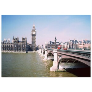 Impresión fotográfica de los años 70 en Londres, Big Ben y el puente de Westminster, Inglaterra, Reino Unido, autobús rojo de dos pisos, arte de pared, estudio en casa, póster de oficina, decoración vintage