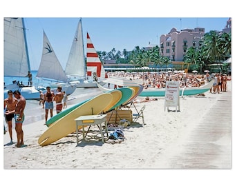 Photo Print 1960s Waikiki Beach Hawaii, Vintage Honolulu Catamarans Surfboards Canoe Rides, Sixties Hawaiian Vacation  Wall Art Decor Poster