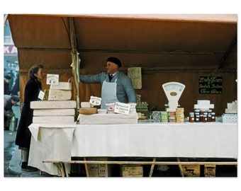 Photo Print 1950s Geneva Switzerland Cheese Vendor, Reblochon de Savoie, Tilsit, Beurre Suisse, Vintage Wall Poster Fifties Swiss Life Art