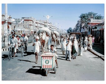 Photo Print 1960s Jaipur India Busy Street Culfi Ice Cream Vendor and Camels, Wall Art Ethnic Heritage Travel, Vintage Sixties Decor Poster