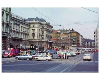 Photo Print 1980s Vienna Austria, Schwarzenbergplatz Street, Soviet War Memorial, Austrian Trams, Vintage European City Photography Poster
