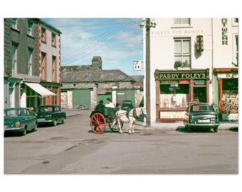Photo Print 1970s Killarney Ireland Street Scene, Paddy Foley’s Whiskey Pub, Horse Cart Vintage Irish Travel, Wall Art Decor Snapshot Poster