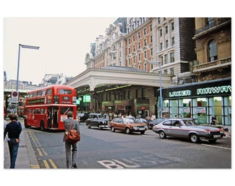 Photo Print 1980s London Victoria Station, Laker Airways Office, Red Double Decker Bus & Vintage Cars, England Street Wall Art Decor Poster