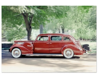 Fotoafdruk van een Packard One-Eighty Super Custom Touring Sedan uit 1940, vintage muurposter, jaren '40 autodecoratie voor thuis of op kantoor.