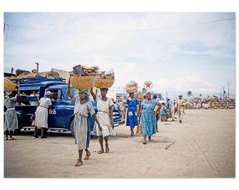 Photo Print 1950s Port-au-Prince Haiti Street, Market Scene with Texaco Sign, Women Carrying Baskets, Wall Art Vintage Fifties Decor Poster