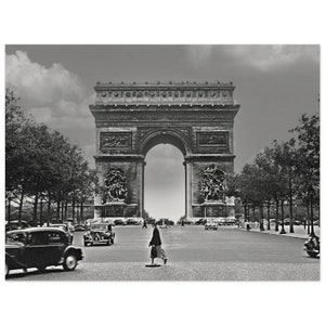 Arte de parede monocromática e automóveis antigos do Arco do Triunfo dos anos 1940, Paris, França, pôster, foto antiga, decoração de casa de rua, presente exclusivo