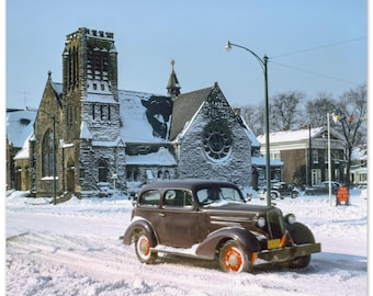 Fotografía impresa de la década de 1940 de la Iglesia Metodista Unida de Lakewood, Ohio, Lake Avenue y West Clifton Boulevard, estilo vintage de pueblo pequeño estadounidense, póster para decoración de pared.