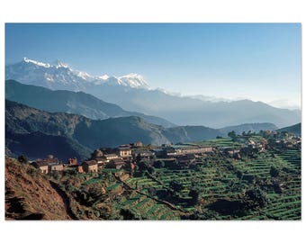 Photo Print 1970s Nepal Kaski Ridge View Himalayan Village with Annapurna Mountains and Terraced Fields, Wall Art Vintage Seventies Poster