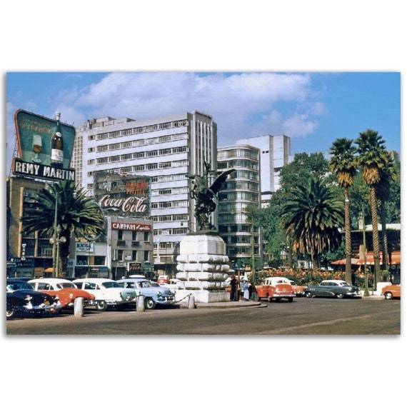 Photo Print 1950s Mexico City With the Statue of Pegasus, Old Cars