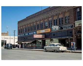 Photo Print 1950s Midland Texas Downtown Street Scene, Glass Block Building, Reynolds Food Market, Rexall Drugs, West Texas Americana Poster