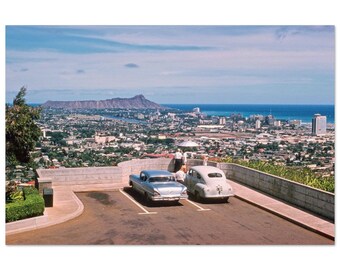Impression photo des années 1950 à Honolulu, Hawaï, Waikiki et Diamond Head du Tantalus Lookout, affiche d'art mural vintage, décoration unique des années 50, idée cadeau