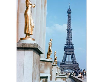 Photo Print 1970s Paris Eiffel Tower Trocadero Gilded Golden Statues, Seventies Vintage French Heritage Tall Poster, Wall Art Decor Gift