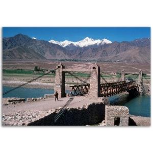 Photo Print India 1970 Bridge in Ladakh Snow Capped Mountains Vintage Wall Art Home Office Decor Poster, Seventies Himalayan Gift Travel Leh
