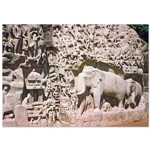 Impresión fotográfica de la década de 1970 Mahabalipuram, Tamil Nadu, India, Los elefantes descienden sobre el Ganges, Escultura de penitencia de Arjuna, Póster de arte de pared vintage