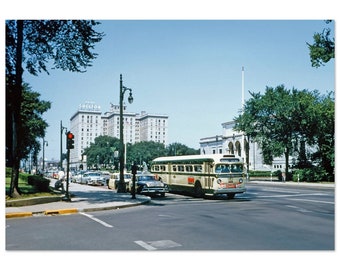 Impresión fotográfica de Detroit, Michigan, década de 1950, The Park Shelton Hotel, autobús 1411, Woodward, ayuntamiento, Dossin, póster vintage, idea de regalo para decoración de pared