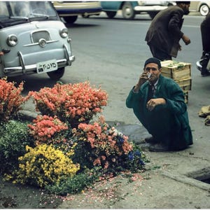 Photo Print 1960s Tehran Urban City Street Scene with a Flower Seller Drinking Tea, Wall Art Iran Heritage Sixties Vintage Decor Poster