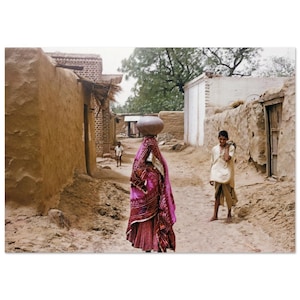 Photo Print 1950s North Indian Village Scene, Vintage Wall Art Decor Rural India Poster Woman with Earthen Water Pot Unique Gift Idea