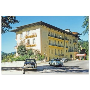 Stampa fotografica anni &#39;50 Berchtesgadener Hof Hotel, area ricreativa dell&#39;esercito americano, Germania, arte murale Seconda guerra mondiale Poster storico Decorazione della stanza Regalo