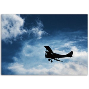 Biplane Silhouette on a Blue Sky, Vintage Aviation Pilot Poster Wall Art Print Home Office Decor, Aviation Heritage Gift, High Contrast