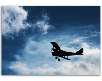 Biplane Silhouette on a Blue Sky, Vintage Aviation Pilot Poster Wall Art Print Home Office Decor, Aviation Heritage Gift, High Contrast